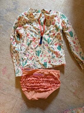 Ruffle Butts Cream Cactus Print Rashguard with Coral Ruffle Swim Bottoms